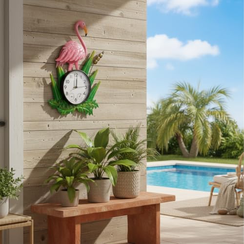 Outdoor Clock with Thermometer & Humidity | Silent None-Ticking, Outdoor Wall Clock Waterproof, Outside Clock for Patio, Living Room, Kitchen, Pink Flamingo