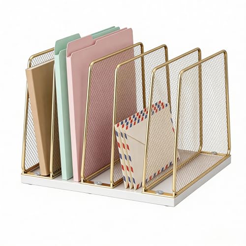 Gold Desk File Organizer, 5-Section Upright File S... (White and Gold)
