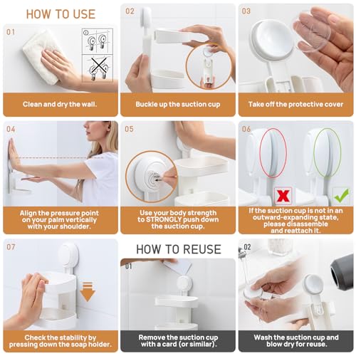 Soap Dish Holder for Shower, Double Layer Suction Cup Wall Mounte Self Draining Removable Waterproof Strong Suction Bar Soap Holder for Shower, White