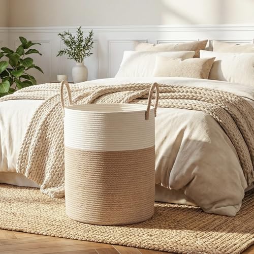 OIAHOMY Large Laundry Basket Hamper - 60L Cotton Rope Woven Basket for Blankets, Toys, Clothes - Tall Decorative Nursery Hamper with Long Handles, Brown/White