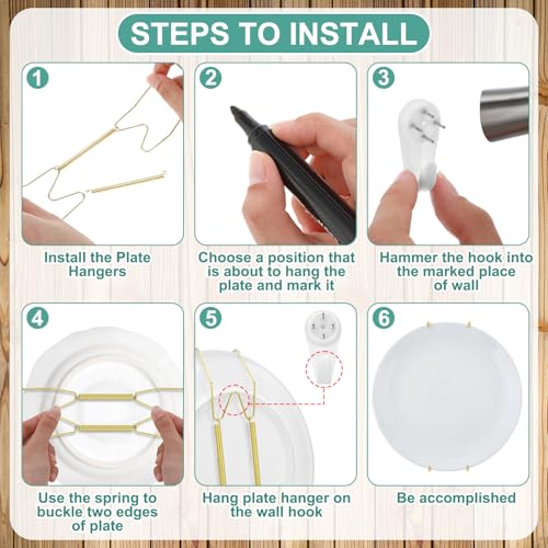 Hotop 12 Pieces Plate Hangers for Wall Stainless Steel Wire Invisible Heavy Duty Plate Hangers Display Holders with 12 Pieces Hooks for Wall Decorative(6/8/10 Inch,Gold)