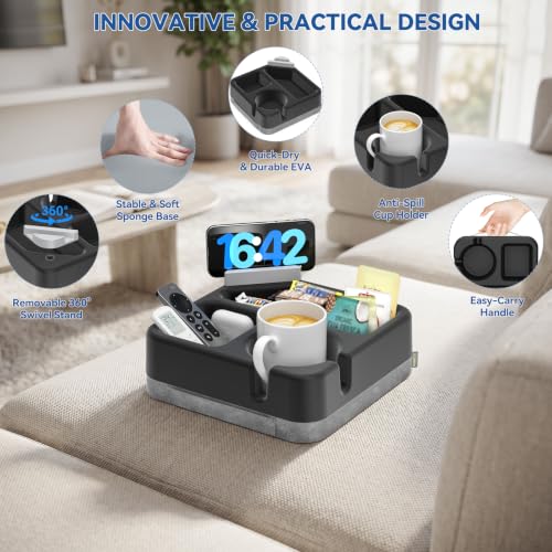 Couch Cup Holder Tray Couch Cup Holder Pillow Soft Sofa Caddy Drink Holder with 3 Compartments &Removable 360°Swivel Phone Stand, Portable Bed Snack Caddy Pillow with Handle for Tablet Controller Grey