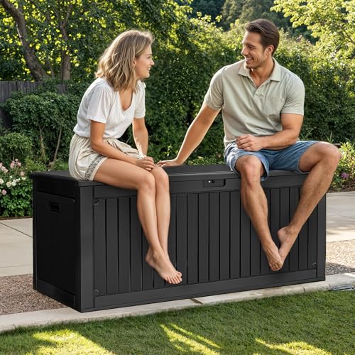 DWVO 320 Gallon Resin Outdoor Storage Box, XXL Double-Wall Waterproof Deck Box with Divider, Doubles as Table or Seating with 1000 lbs Capacity, Lockable (Black)