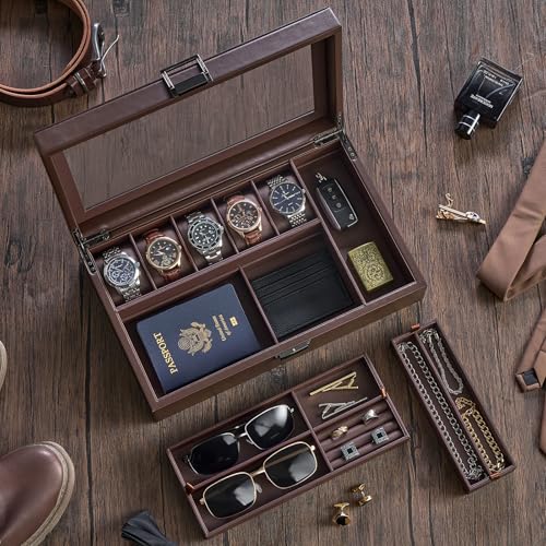 ProCase Men's Jewelry Box, 5-Slot Watch Display Case Jewellry Storage Organizer for Sunglasses Rings Accessories with Hidden Compartment, Watch Holder with Glass Lid, Fathers Day Gift -Espresso