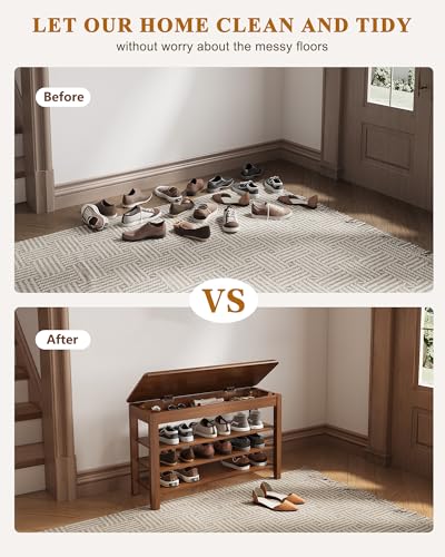 Shoe Rack Bench Seat Rubberwood 3-Tier Wooden Storage Bench 550lbs Compact Mid-Century Modern Design for Entryway, Hallway, Closet, Front Door Entrance, Foyer