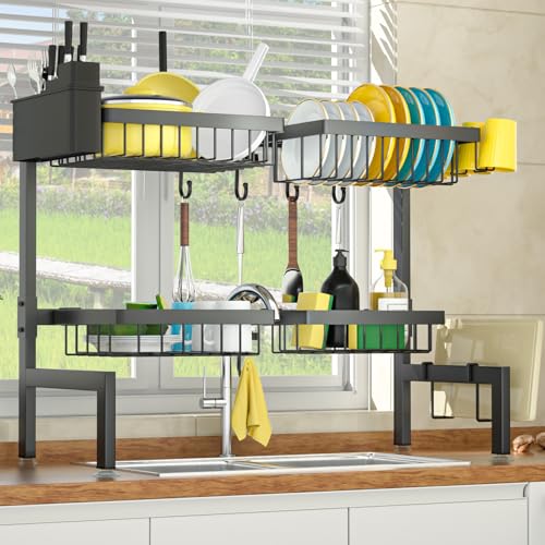 SNSLXH 4 Baskets 2-Tier Over The Sink Dish Drying Rack, 26.57"-35" | Large Dish Drying Rack for Kitchen, Extensible and Adjustable, Saving Kitchen Space