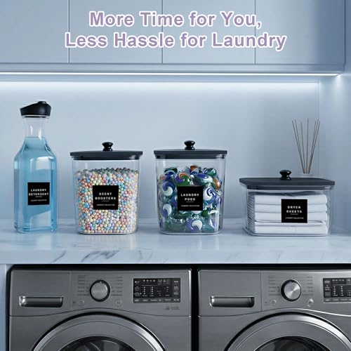 POLRAI Laundry Pod Containers and Dryer Sheet Holder and Laundry Detergent Dispenser Clear Laundry Room Organization and Storage with Wooden Lids Labels and spoon (2+1+1 Pack)