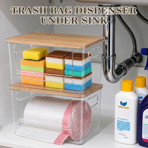 Trash Bag Dispenser Under Sink Organizer for Pantry, Kitchen, 2 Pack | Acrylic Garbage Bag Dispenser, with Bamboo Top & Handles, Extra Large, Keep Onions and Potatoes Neat, Clear, Stackable