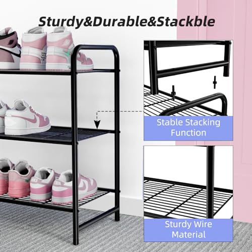 Ekisemio 3-Tier Long Metal Shoe Rack, Wide Stackable Shoe Organizer for Closet & Entryway, with Sturdy Wire Grid Storage Shelf for Bedroom, Black