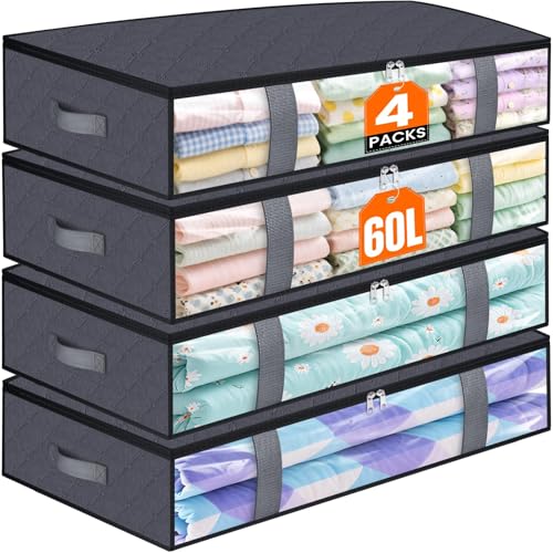 Under Bed Storage Containers, 4 Pack Blanket Stora... (4 Count | Gray)