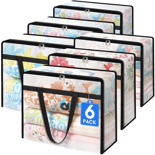TasticTotes 6 Pack Clear Storage Bags for Comforter, Clothes & Bedding, 40L | Plastic Blanket Storage with Zipper & Handle, Foldable Moving Bags, Closet Organizer and Under-Bed Storage Containers