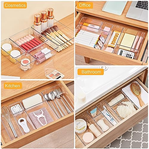 SMARTAKE 13-Piece Drawer Organizers with Non-Slip Silicone Pads, 5-Size | Clear Desk Bathroom Drawer Organizer Trays Storage Tray for Makeup, Jewelry, Utensils in Bedroom Dresser, Office and Kitchen