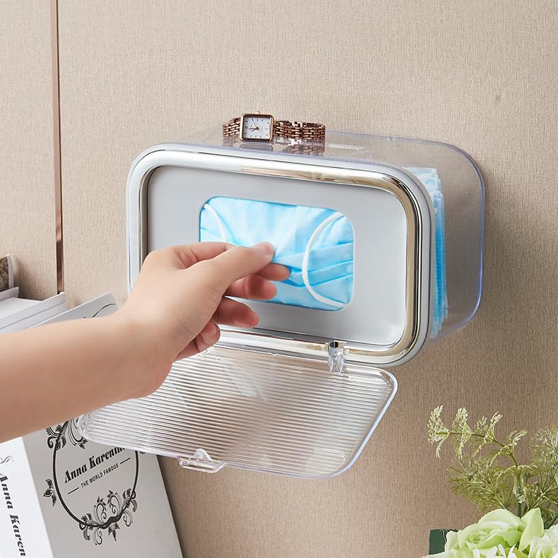 Mask Storage Box with Lid, Tissue Box Holder, Openable Mask Storage Box Organizer, Wall Hanging Tissue Box for Home, Office, Car, Schools, Churches, Gyms, Transparent