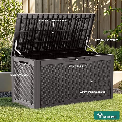 YITAHOME 100 Gallon Large Deck Box | Outdoor Resin Storage Boxes for Patio Furniture, Outdoor Cushions, Garden Tools, Water Resistant and Lockable