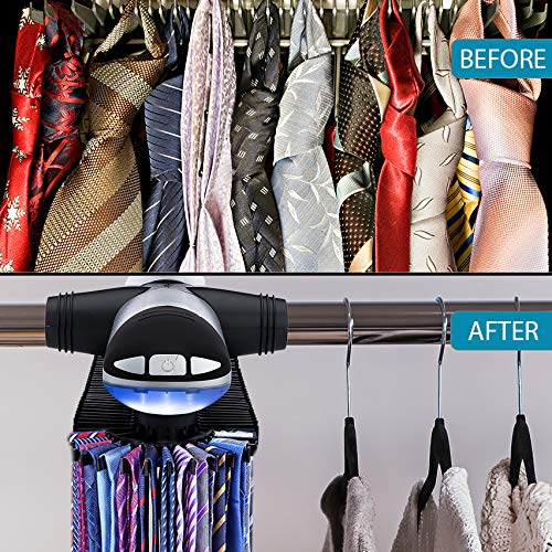 Motorized Tie Rack Closet Organizer with LED Lights Includes J Hooks for Wired Shelving Stores Up to 72 Ties & 8 Belts, Operates with Batteries