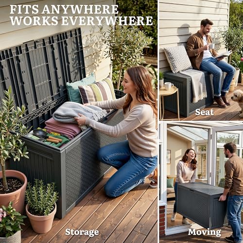 YITAHOME 95 Gallon Outdoor Storage Deck Box | Waterproof Resin Deck Box w/Handles, Lockable Outdside Deck Box for Patio Furniture, Garden Tools, Lockable & UV