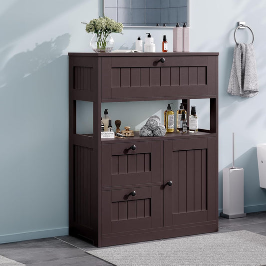 GRUSIGN Bathroom Cabinet, Modern Bathroom Floor Storage Cabinet Organizer with 1 Door and 3 Drawers, Freestanding Cupboard for Kitchen/Living Room Use