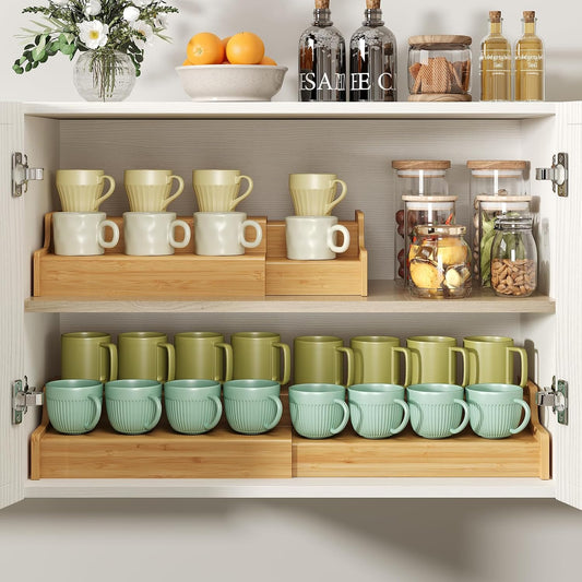 Hongtamoya 3-Tier Expandable Bamboo Mug Holder For Countertop Coffee Cup Holder Display Mug Organizer Mug Rack for Coffee Bar Organizer Mug Shelf for Cabinet for Kitchen, Home