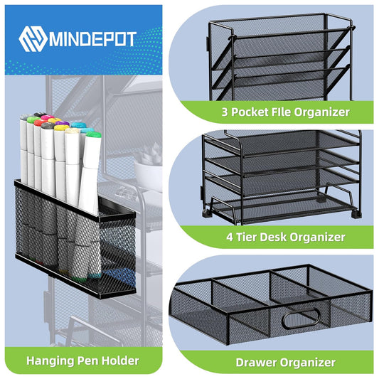 4-Tier Paper Organizer + 3-Pocket File Holder + Dr... (Black | Metal)