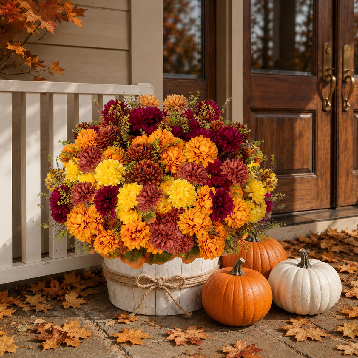 Artificial Mums for Outdoors (Multi-orange Yellow Burgundy Brown / 15.2 inches)