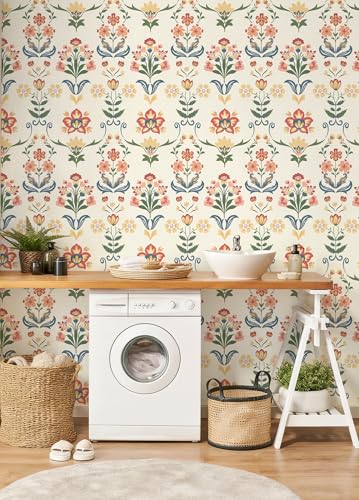 Boho Peel and Stick Wallpaper Vintage Floral Wallpaper (17.3" x 196.8" / Red/Yellow)