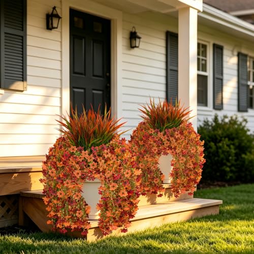 7PCS Artificial Fall Hanging Flowers for Outdoor (Orange Red)