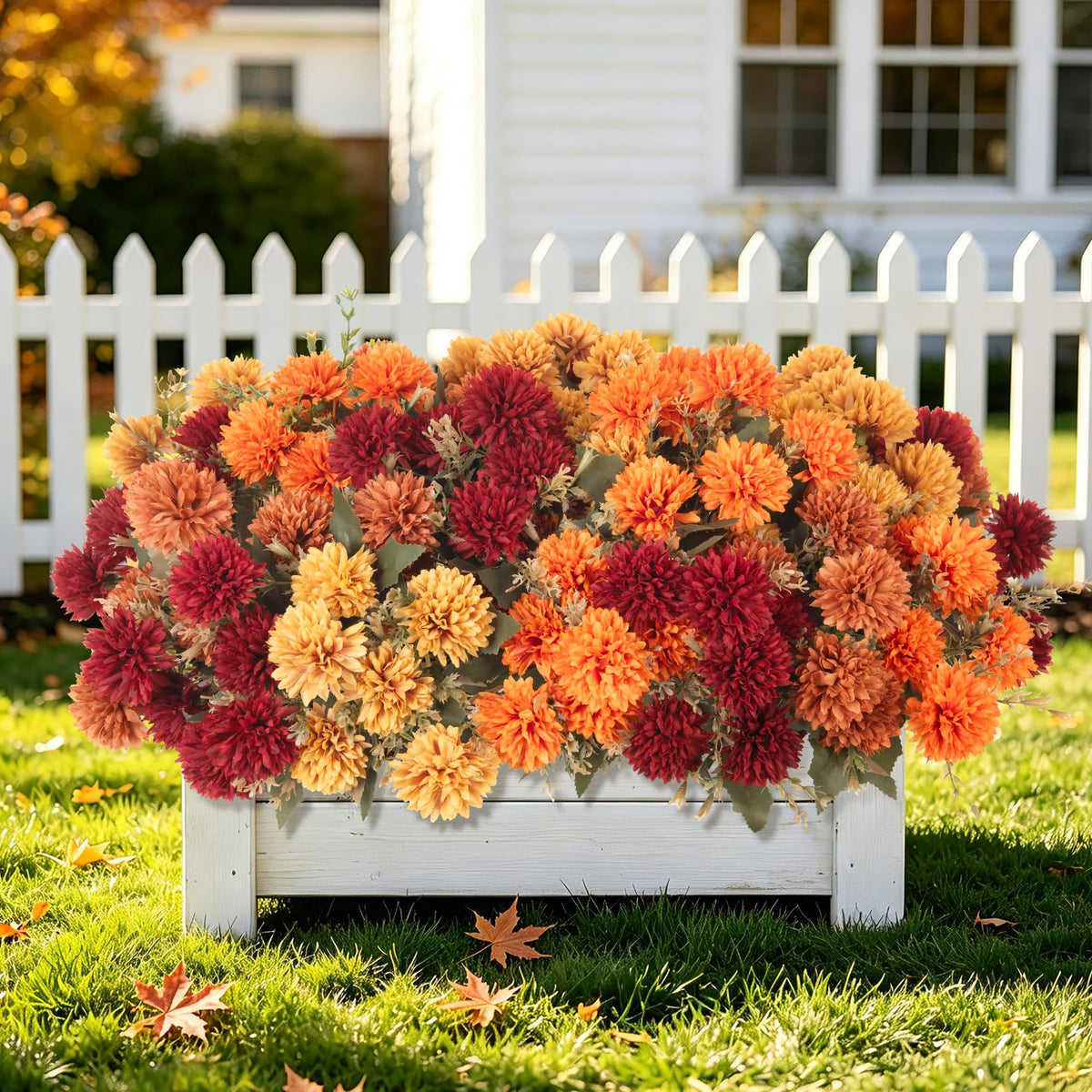 Artificial Mums Flowers for Outdoors Outside Decorations (6 Orange,6 Burnt Orange,6 Red,6 Yellow / 24PCS)