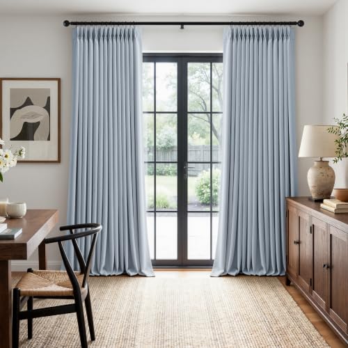 Pinch Pleated Blackout Linen Curtains Light Blue 2 Panels 50" Wx96 L (Chambray Blue / 50"W x 96"L (Pack of 2))
