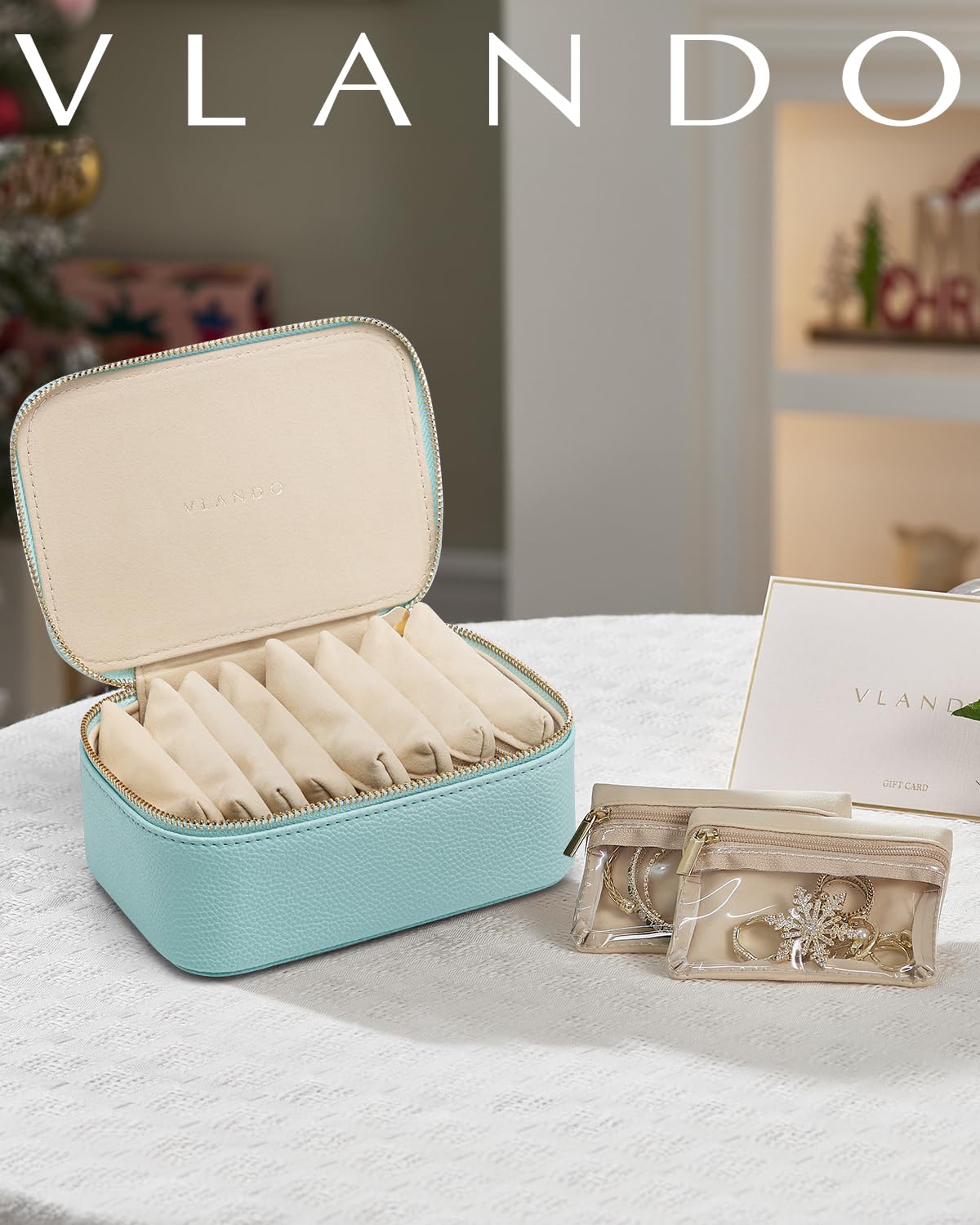 Jewelry Travel Case with 8 Clear Velvet Zipper Pouches (C.8 PCS Lake Blue)