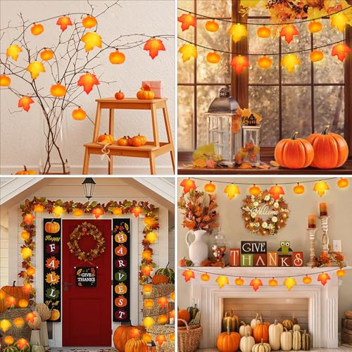 Fall String Lights (Orange Yellow Leaf + Orange Pumpkin / 8.5 Feet, 10 LED)