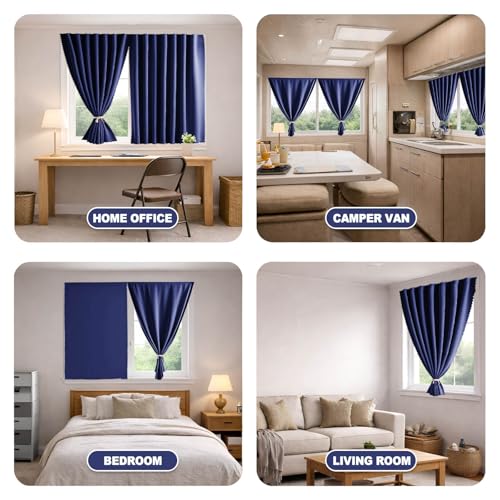 Adhesive Curtain Blackout Curtains with No Rod (Navy Blue / 71"W x 59"H)