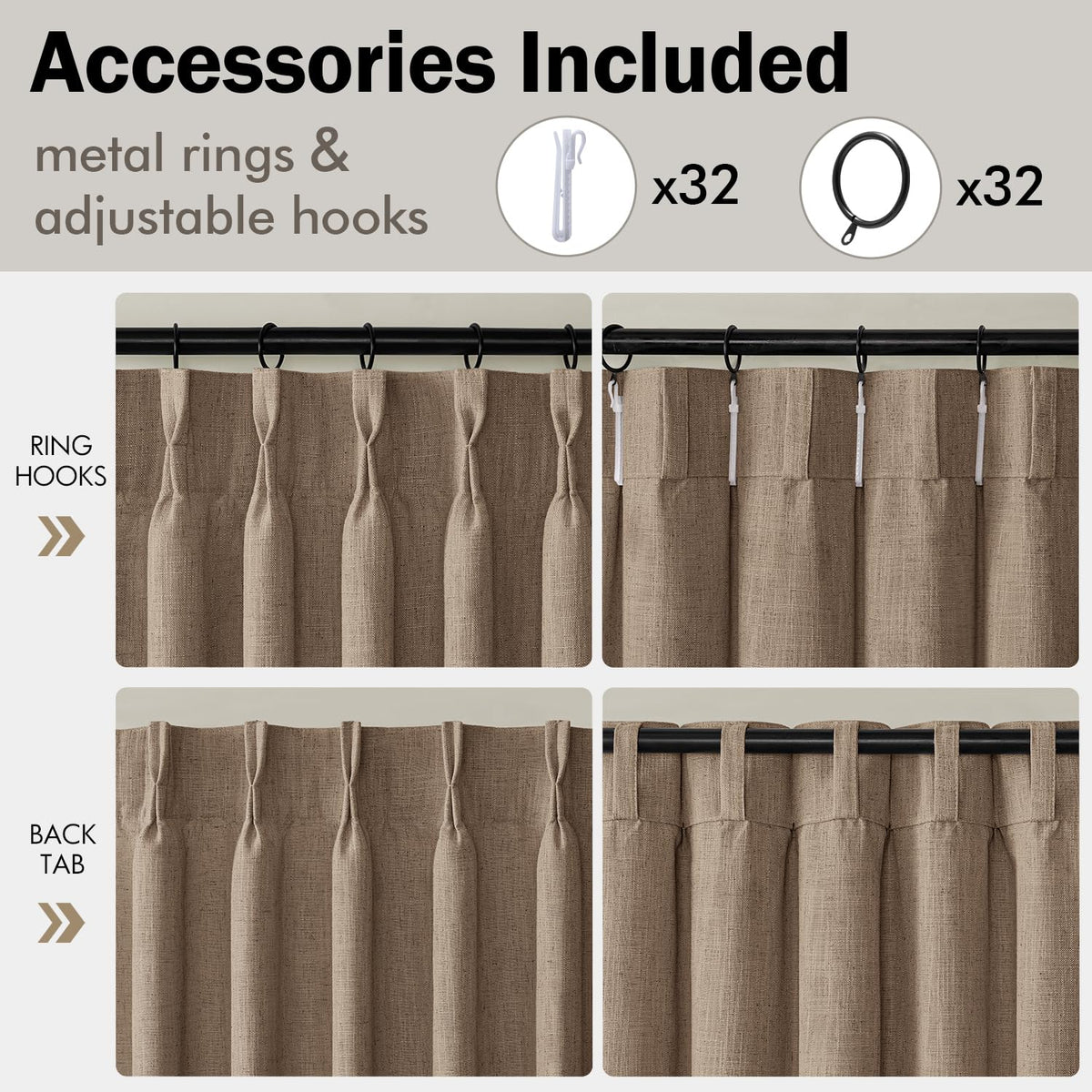 4 Panels Pinch Pleated Linen Curtains 102 Inches Long Linen Brown (Linen Brown / 40"W x 102"L (Pack of 4))