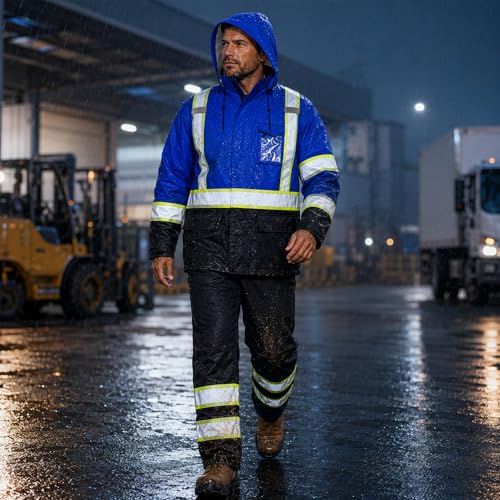 Rain Suits for Men Waterproof Reflective High Visibility Rain Gear Mens Heavy Duty (Small-Medium / Blue)