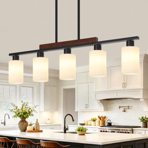 Farmhouse Island Lights for Kitchen Black Dining Room Light Fixtures Over Table with White Shade Wood Linear Chandelier Lighting with Adjustable for Kitchen Island Dining Room