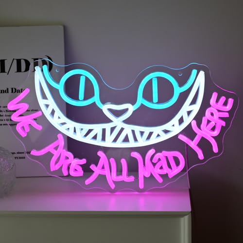Cheshire Cat Neon Sign for Wall Decor Alice In Wonderland Neon Light We're All Mad Here LED Sings for Bedroom Man Cave Party Bar Background Decoration Birthday Gifts