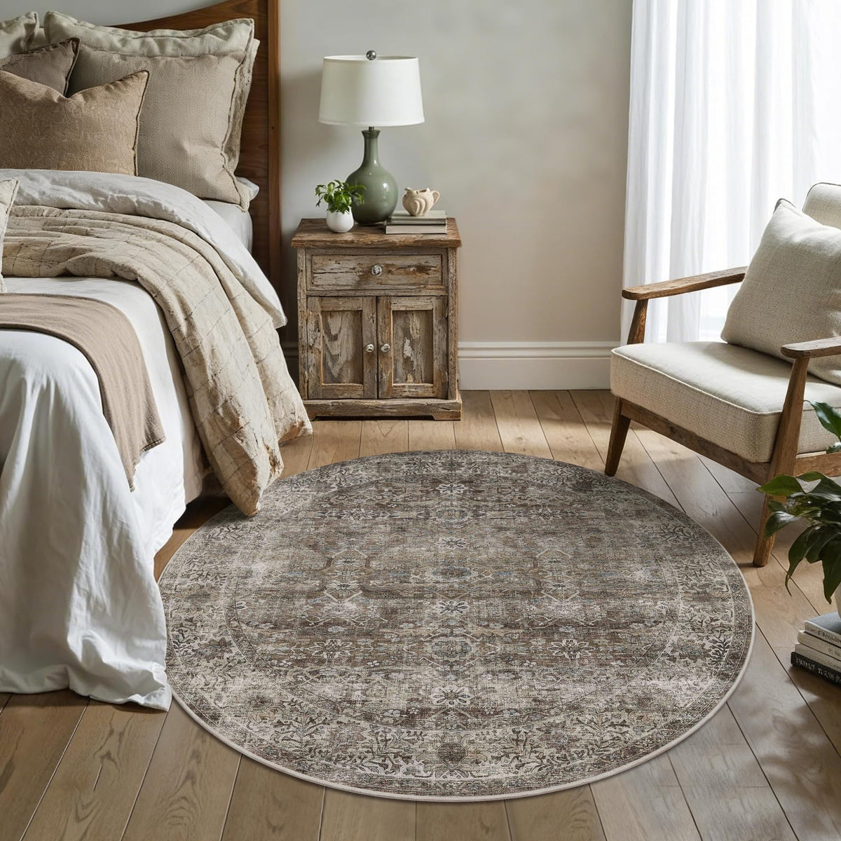 Round Rug 4ft Brown Grey Vintage Washable Circle Rug for Entryway Kitchen (4'(Round) / Antique/Moss)