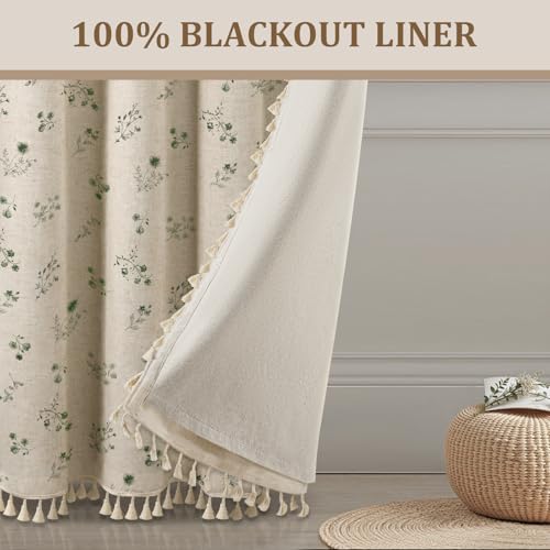 Boho Floral 100% Blackout Curtains 84 Inch 2 Panels Dark Green (Blackout Dark Green / 52"W x 84"L (Pack of 2))