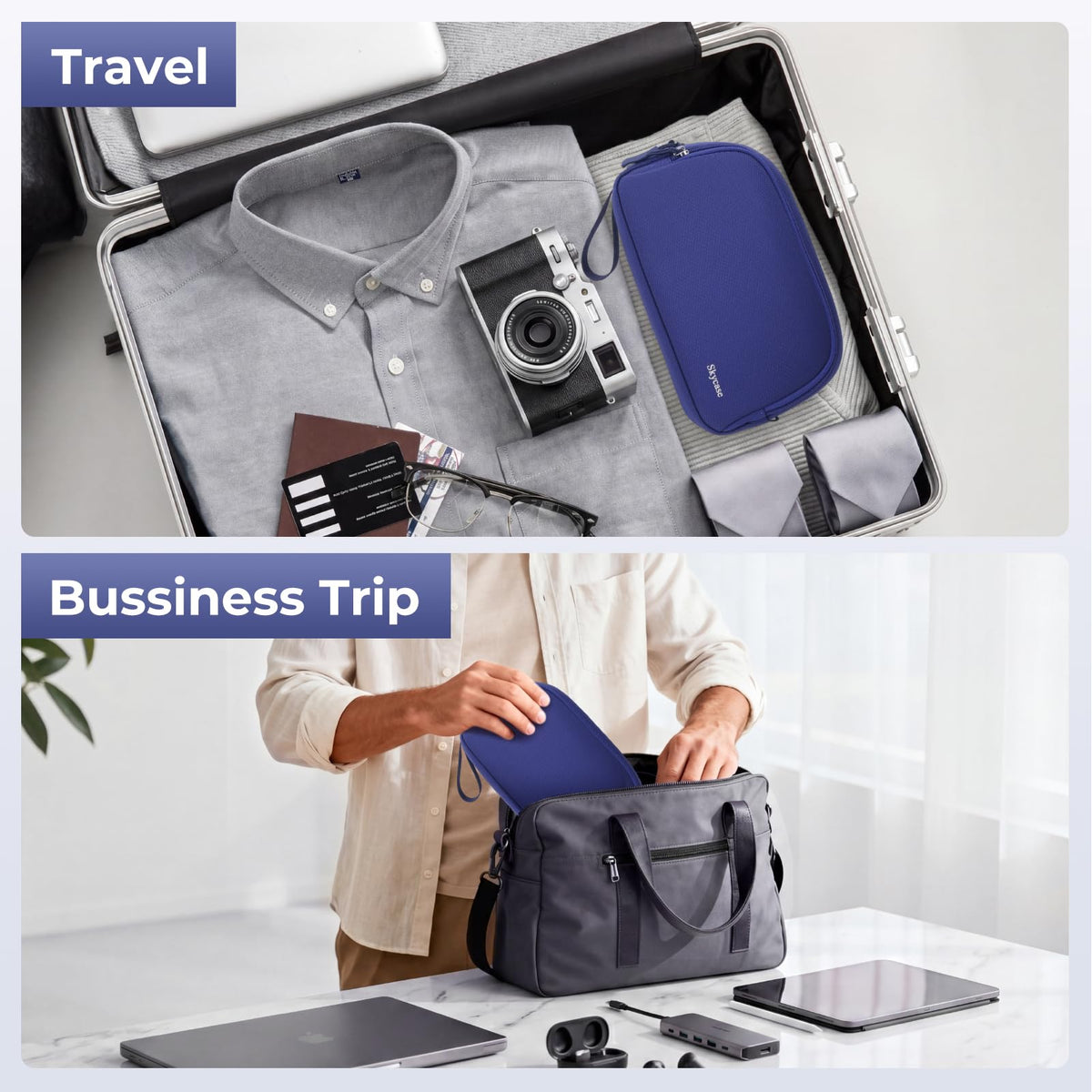 Electronics Travel Organizer 9 Compartment Dual Layer Tech Pouch Lightweight Water Resistant Travel Cable Organizer Bag for Chargers Cords Phone Power Bank Tech Essentials and Daily Items (Blue / L)