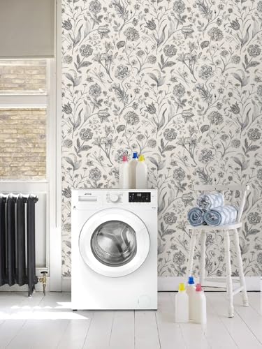 Beige and Black Floral Peel and Stick Wallpaper Floral 17in x 118in (Black / 17.3" x 118.1")