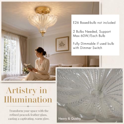 2 Light Gold Ceiling Light with Clear Peacock Feather Glass Shade (Gold-Clear / 9.84"W)