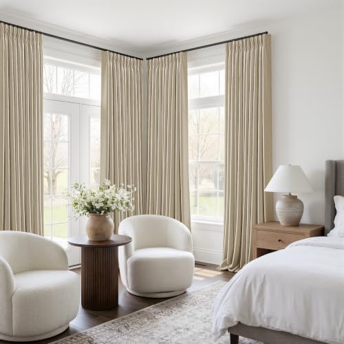 Oatmeal 92 Inch Blackout Pinch Pleated Curtains 2 Panel Set for Living Room Darkening Thick Linen Textured 100% Black Out Soundproof Drapes 92 Inches Long Pinch Pleat Light Blocking Bedroom 50x92 (Oatmeal / 50"W x 92"L (Pack of 2))