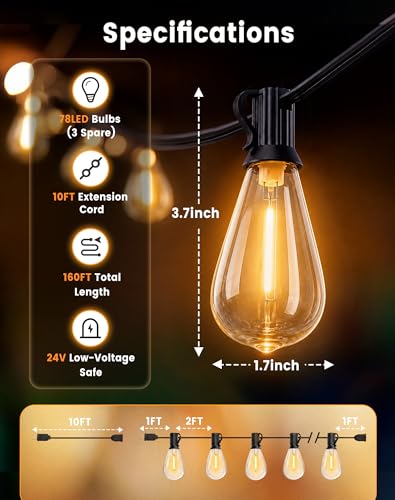 160FT(150+10) Outdoor LED String Lights with 2FT Bulb Spacing, Waterproof, Shatterproof, Dimmable, Warm White, 3 Lighting Modes, Timer, Plug in Hanging Backyard Lights for Outside, Patio (150+10FT(75 Sockets))