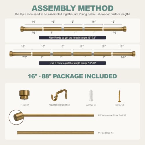 Warm Gold Curtain Rods for Windows 48 to 84 with Adjustable Brackets Heavy Duty 1" Diameter Brass Window Treatment Rod with Solid Metal Finials for Outdoor Bedroom Kitchen Living Room (Warm Gold / 16"-88"|1 Pack)
