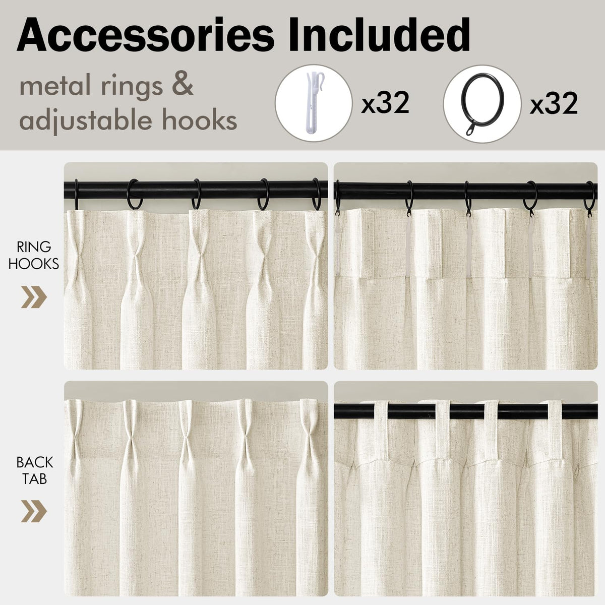 4 Panels Set Pinch Pleated Linen Curtains 108 Inches Beige White (Beige White / 40"W x 108"L (Pack of 4))