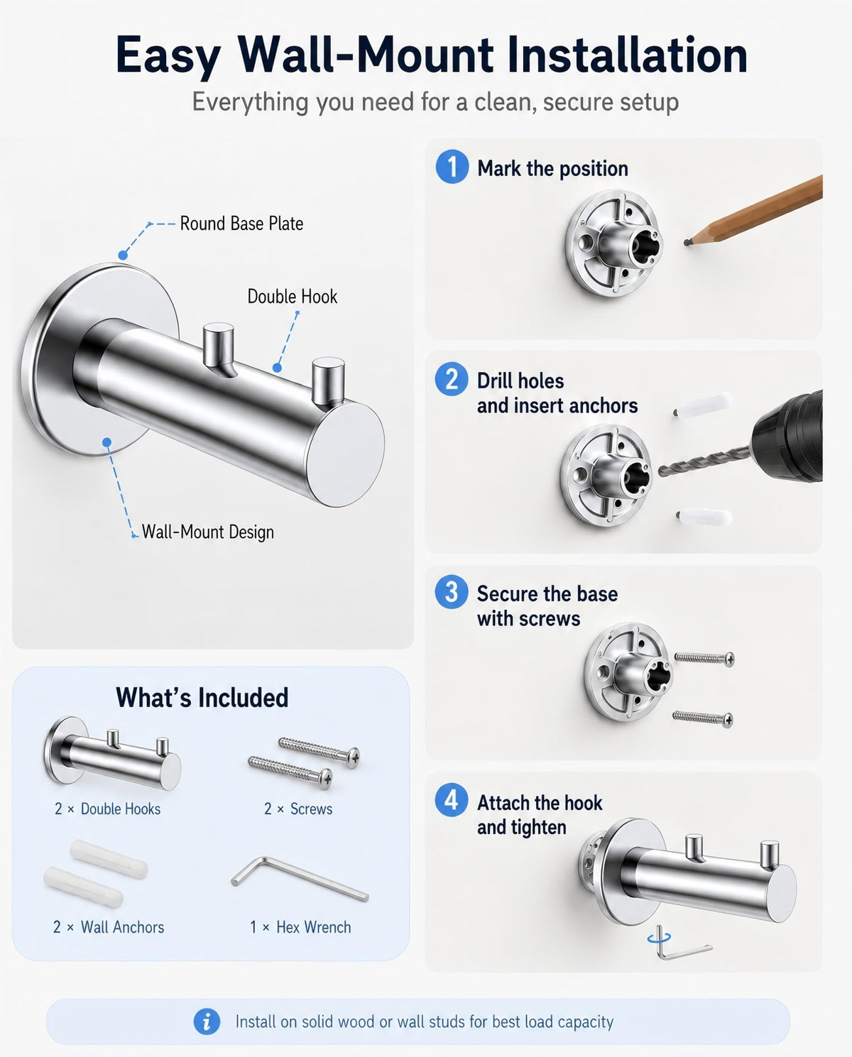 Double Heavy Duty wall Hooks (Chrome Polished)