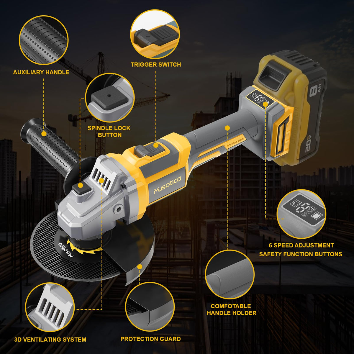 Cordless Angle Grinder for Dewalt 20v Max Battery (Yellow)