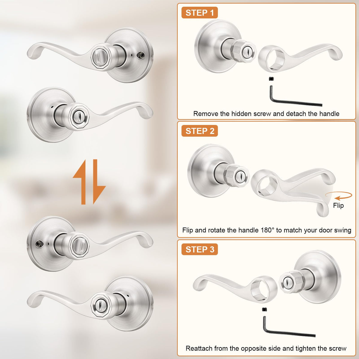 Scroll Privacy Door Lever 6 Packs (Satin Nickel)