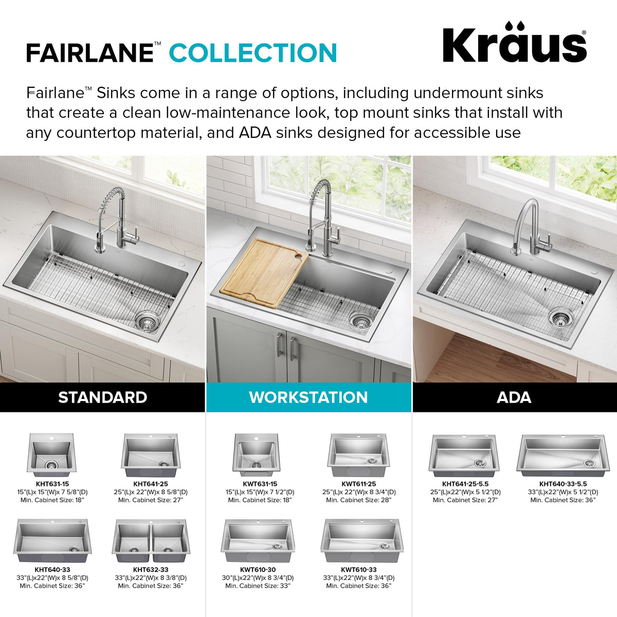 Fairlane 25 in Drop In (25 Inch / Single Bowl Workstation — Drop In)