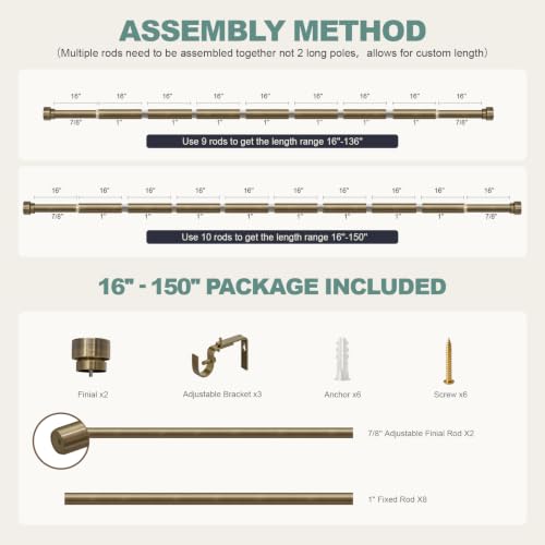 Antique Bronze Curtain Rods for Windows 72 to 144 with Adjustable Brackets Heavy Duty 1" Diameter Window Treatment Rod with Solid Metal Finials for Outdoor Bedroom Kitchen Living Room (Antique Bronze / 16"-144"|1 Pack)