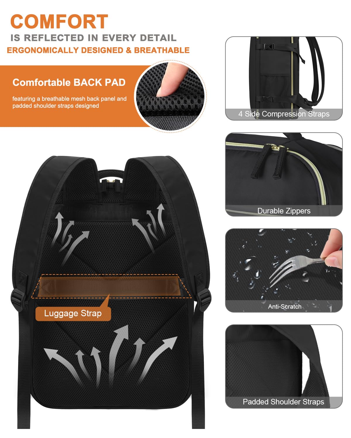 Travel Backpack for Women Men Waterproof Laptop Backpack Airlines Approved Carry On Backpack Bag Computer Bookbag for Business (Black / 17.3 Inch)